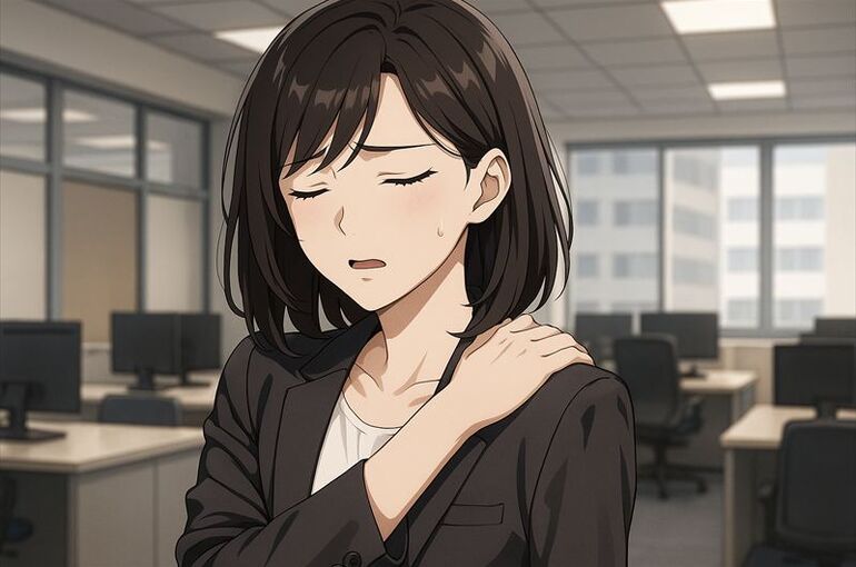オフィスで肩を揉む女性_R