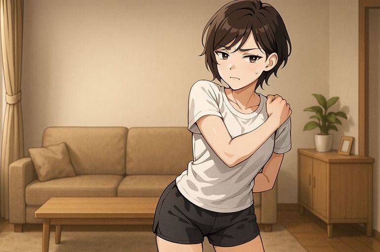 リビングでストレッチする女性 (1)_R
